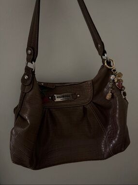 Nine West Dark Brown Croc-Embossed Shoulder Bag with Charm